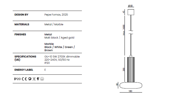 Lampa wisząca Hulo śr. 18 cm biały marmur / złoty metal